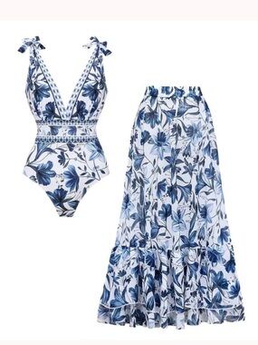 Blue Floral one piece swim suit with Matching Skirt